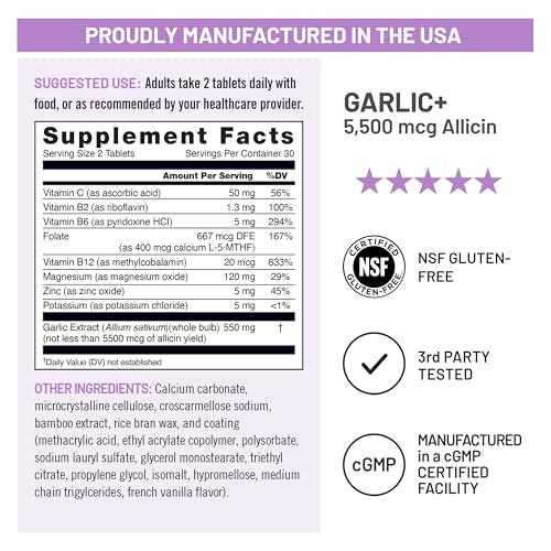 NatureWise Garlic Extract 5,500 mcg Allicin Supplement - Healthy Cholesterol & Blood Pressure Formula + Vitamins B & C - Vegan Tablets w/Enteric Coating, Non-GMO, Gluten-Free, 60 Count [30-Day Supply] - image 4