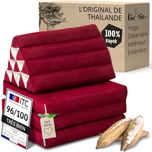 Livasia Coussin thaï 3 Blocs uni - 175x50x8cm - Coussin Triangulaire Matelas Pliable, Coussin en biseau kapok, Coussins de Soutien Dorsal Pliable, Matelas...