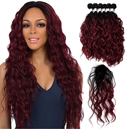 Natural Wave Hair Bundles 6 Bundles with Closure 255G/8.99OZ Synthetic High Temperature Resistan Fiber Hair Extensions (Ombre Natural Black to Burgundy #T1B/BUG)