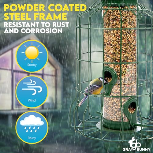 Gray-Bunny-Squirrel-Proof-Bird-Feeders-for-Outdoors-Hanging-Green-Metal-Bird-Feeder-Squirrel-Proof-Seed-Birdfeeder-4-Ports-Chew-Proof-Weather-Resistant-Outside-Backyard-Birding-Watching-Gifts Gray Bunny Squirrel Proof Bird Feeders for Outdoors Hanging Green Metal Bird Feeder Squirrel Proof Seed Birdfeeder 4 Ports Chew Proof Weather Resistant Outside Backyard Birding Watching Gifts