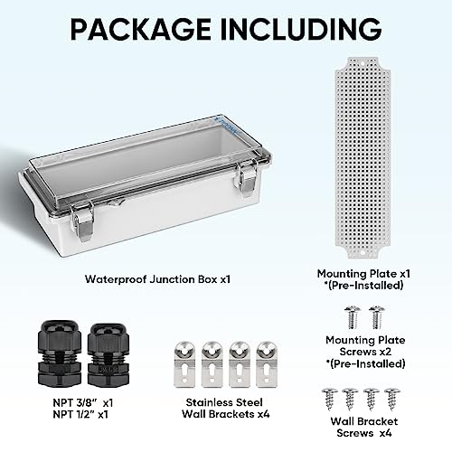 Image of TICONN Outdoor Electrical Box Waterproof, Junction Box IP67 ABS Plastic Enclosure with Hinged Cover with Mounting Plate, Wall Brackets, Cable Glands (Clear, 10.2 inchx4.3 inchx3.0 inch)