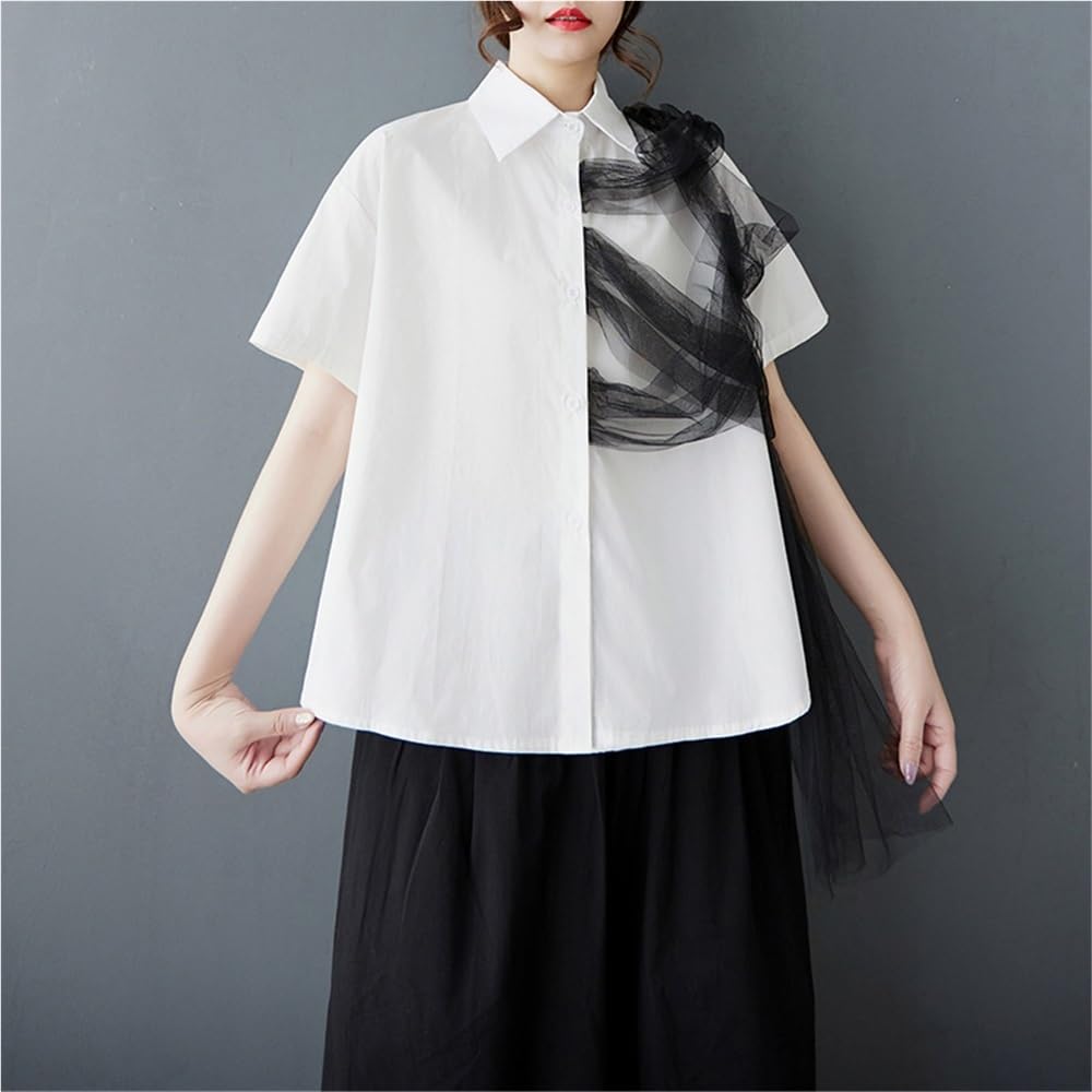 Camisa De Manga Corta Con Diseño De Tul A La Moda Para Mujer, Camisetas Informales Con Solapa Y Botones, Blusas Holgadas Y Cómodas De Verano