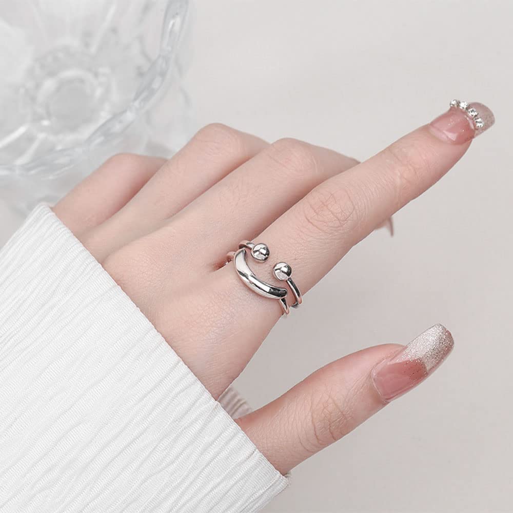 925 Sterling Silber Doppelter geometrischer Öffnungsring, Kreativer Ausdruck Smiley Ring, Einfacher Schmuck Geschenke für Männer und Frauen