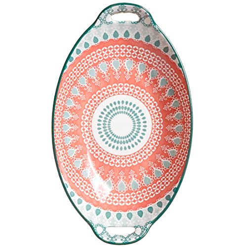 Image of Nestasia Mandala Ceramic Long Dish with Handles (10.8 Inch) - Elegant Oval Serving Platter for Snacks, Appetizers, Salads, and Noodles | Microwave & Dishwasher Safe (Red & Green)