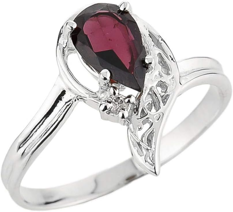 Certified 10k White Gold Diamond and Garnet Pear-Shaped Ladies Ring (Size 6.25)