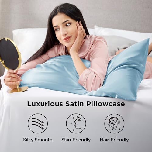 Image of Bedsure Satin Pillowcase 2 Pack Similar to Silk Pillow Cases Standard Size, Pillow Case for Sleeping Women with Envelope Closure, Gifts for Women Men, Aqua, 20x26 Inches, 2pcs