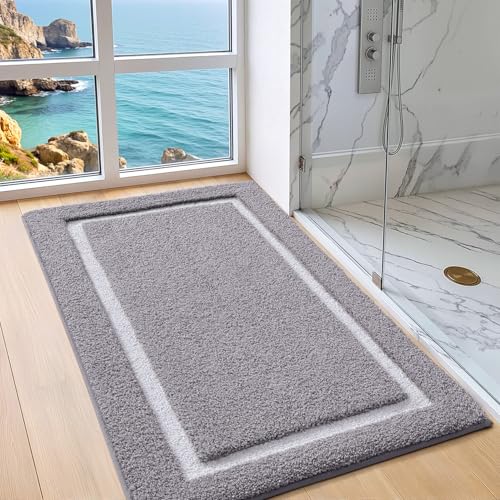 Image of Color&Geometry Gray Bathroom Rugs 43x24, Extra Soft Absorbent Microfiber Bath Rugs, Non-Slip Bathroom mat, Washable Plush Bath Mats for Bathroom, Shower, Bathtub, Laundry, Light Grey White