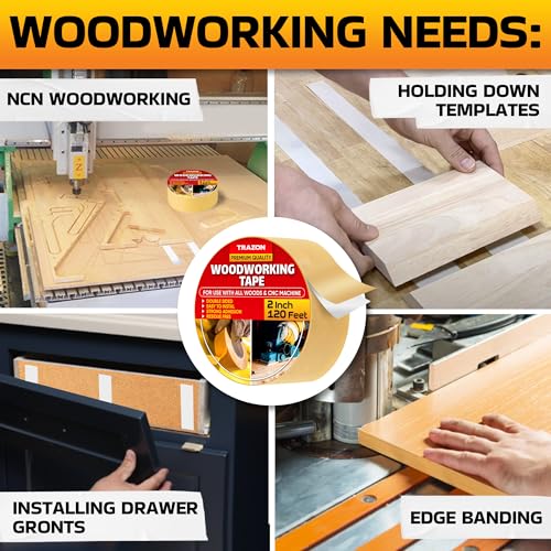 Image of Trazon Double Sided Woodworking Tape Super Strong, 2 Inch x 120 Feet, Wood Crafter Sticky Tool, Two Side Adhesive for Router Templates and CNC Machine, Removable & Residue Free