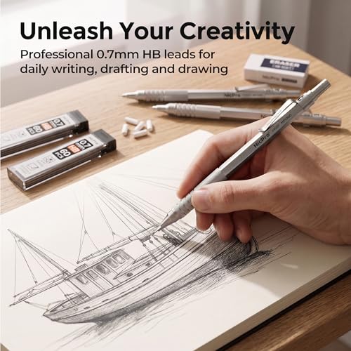 Image of Nicpro 0.7 Metal Mechanical Pencil Set with Case, 3PCS MP1000 0.7mm Artist Lead Pencil With 8 Tube HB Refills, 3 Erasers, 9 Eraser Refill For Architect Art Drafting Drawing Engineering, Sketching