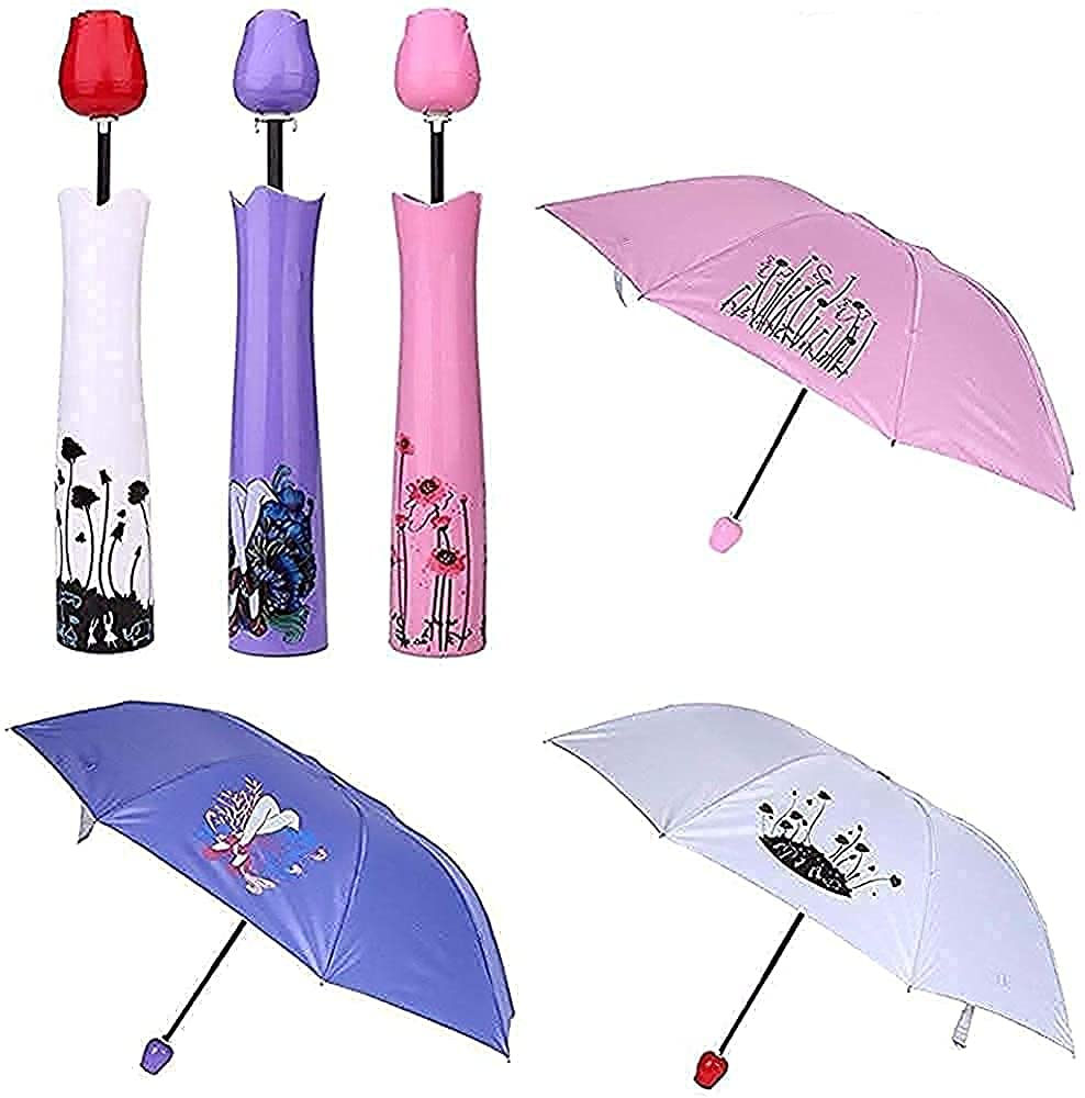 Windproof Double Layer Umbrella With Rose Flower Case Canvas Plastic Compact Bottle Cover Umbrella For Uv Protection & Rain Outdoor Car Umbrella For Women & Men (Random Color)-image-0
