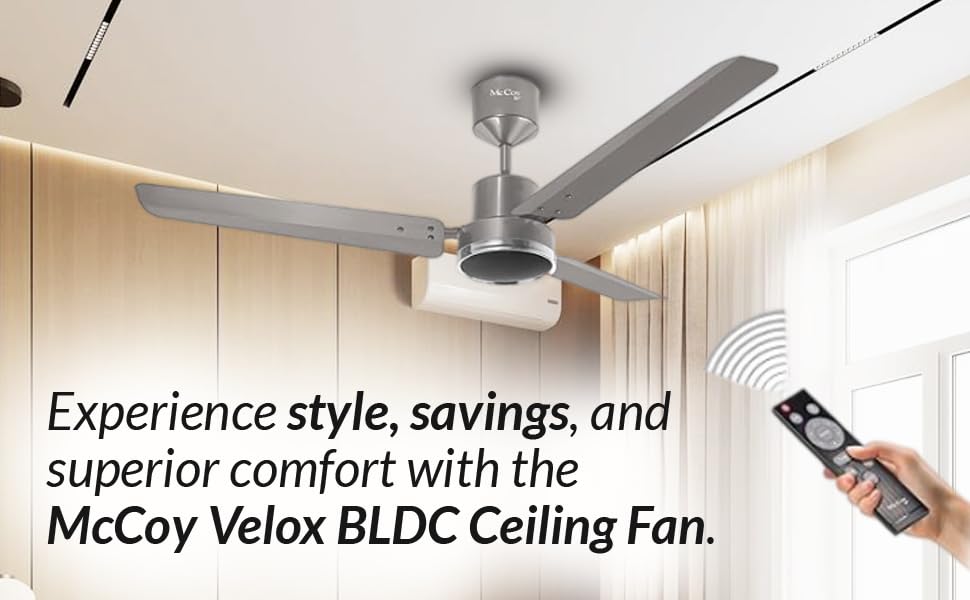 Image of McCoy Velox BLDC Ceiling Fan, 30W, Energy Efficient, 1200mm, 3 Blade, Hi Performance BLDC Motor, 3Year Warranty (Slate Chrome)