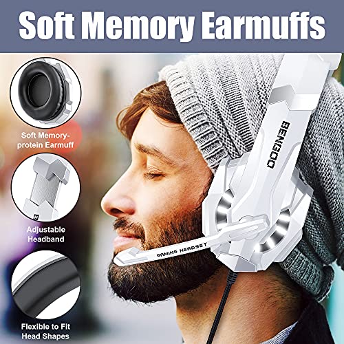 Image of BENGOO Pro Gaming Headset for PS4 PS5 PC Xbox One Controller, Noise Cancelling Over Ear Headphones with Mic, LED Light, Bass Surround, Soft Memory Earmuffs for Laptop Mac - White