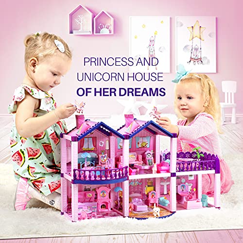 Tomleon Dollhouse W/ Princesses, 4 Unicorns And Dog Dolls - Pink / Purple Dream House Toy For Little Girls - 4 Rooms W/ Garden, Furniture And Accessories - Girls Ages 3 - 6 (2 Princesses) #TOP3