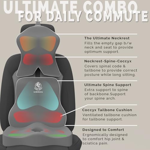 Image of MRRON Memory Foam Posture Corrector Car Seat Cushions Combo | Orthopedic Backrest, Coccyx Cushion & Neckrest | Ergonomic Lumbar Comfort Seat Cushion | Reduces Sciatica (Grey, Long Back)