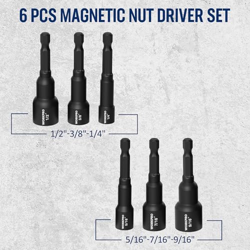 Image of WORKPRO 6 PCS Magnetic Nut Driver Set, 1 /4 inch Hex Shank, Drill Socket Set, Impact Driver Bit Set, 1 /4 inch to 9 /16 inch, Chrome Vanadium Steel, SAE