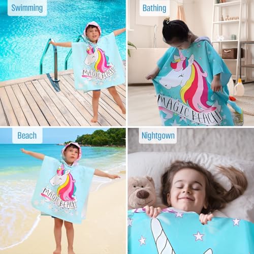 Image of TONY STARK Poncho Towel for Kids, Beach Towel with Hoodie, 60x60cm Travel Towel for 1-7 Years Girls and Boys, Soft Microfiber Sleeved Poncho (Unicorn Starlight Magic)