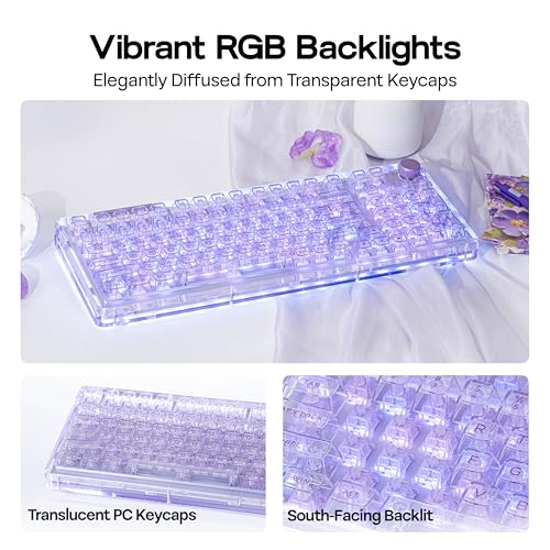 Image of KiiBoom Phantom 98 Hot Swappable Crystal Gasket-Mounted Mechanical Keyboard, Triple Mode NKRO Gaming Keyboard with South-Facing RGB, Clear Keycaps, 8000mAh Battery for Win /Mac (Purple)