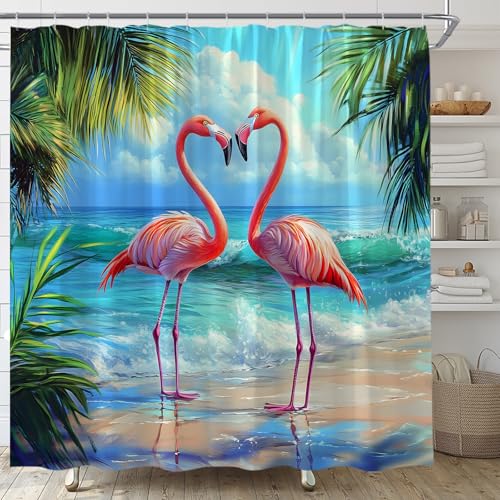 KTGHA Beach Ocean Shower Curtain Pink Flamingo Tropical Sea Blue Waves Polyester Fabric Bathroom Decor Set with Hooks(70 Wx70 H)
