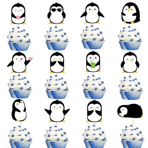 Silars Adornos de Cupcakes Pinguino, 24pzs Decoracion Tarta Pinguino Decoración Cumpleaños Pingüino, Decoración de Pastel Pingüino para Cumpleaños Navidad Fiesta