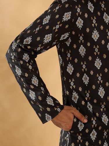 Image of KRAFT INDIA Men's Cotton Blend Geometric Printed Straight Long Regular Kurta and Elastic Waistband Pyjama Set