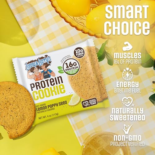 Image of Lenny & Larry's Protein Cookie, Lemon Poppy Seed - High Protein Snacks with 16g Plant Protein, 10g Fiber, Soft-Baked, Vegan, Non-GMO | 4oz, Pack of 12