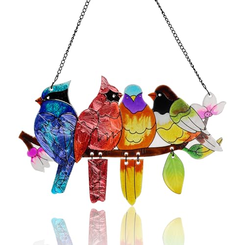 Image of DASTOLL Stained Glass Window Hanging, Birds on A Branch Stain Glass Suncatcher, Hand-Painted Sun Catchers Indoor Window Decoration Bird Lover Gift for Mom, Grandma, Stocking Stuffers for Women