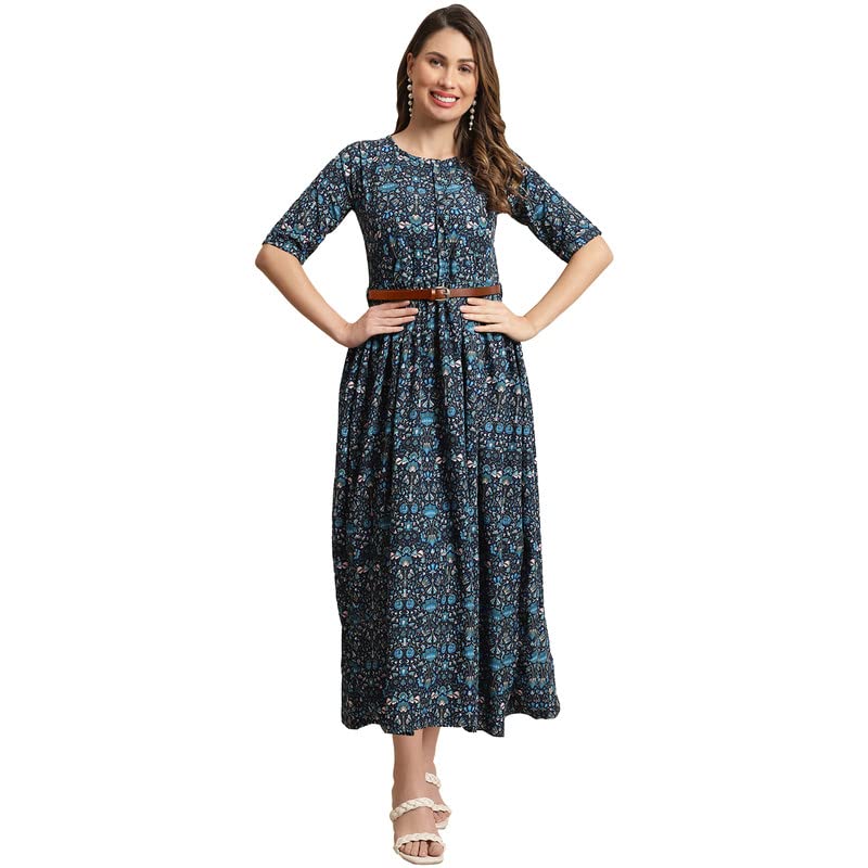 Preneum Women's Georgette Floral Printed 3/4 Slevees A-Line Fit & Flare Gown With Beltindo-Western Ethnic Gown || A-Line Maxi Dress Casual Wear || Fit & Flare Flared Hem Design, Blue, 2Xl