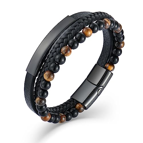 Raymard PB31410B Mens Tiger Eye Matee Black Onyx Lava Rock Volcanic Stone Beaded Bracelet cover