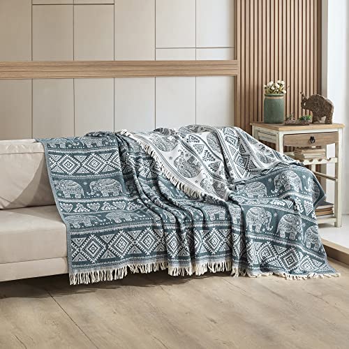 Milam London Couvre-lit 100 % coton bohème King Size avec pompons - Couverture réversible - Motif éléphant - 220 x 240 cm - Bleu sarcelle Cover