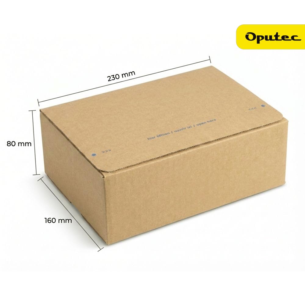 Oputec 100x Automatikkarton AK-29 230x160x80 mm – Automatik Versandkarton mit Blitzboden, Selbstklebeverschluss & Aufreißhilfe, stabiler Versandkarton aus Wellpappe für E-Commerce