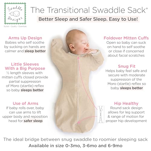Image of SwaddleDesigns Transitional Swaddle Sack, Arms Up Half-Length Sleeves & Mitten Cuffs, Swaddle for Newborn Transition to Baby Sleep Sack Wearable Blanket, Small, 0-3 Month, 6-14 lb, Heathered Oatmeal