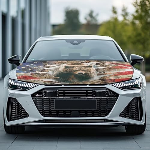 Image of Car Hood Cover Stretchable Car Hood Wrap Blankets Vehicles Banner Bear American Flag Print Auto Decorations for Compact Sedans SUV Trucks (59x39 Inch)
