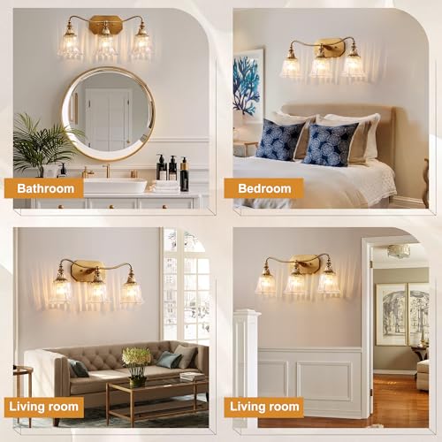 Image of LmnLvn Brushed Gold 3-Light Bathroom Light Fixture, Crystal Glass Shade