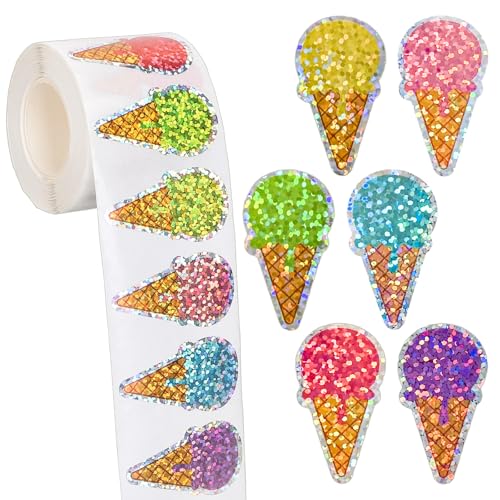 Whaline Summer Ice Cream Stickers Roll Laser Ice Cream Cone Seal Stickers Colored Waterproof Self-Adhesive Decals for Gift Envelope Bottle Journal Decor Birthday Holiday, 500 Pcs