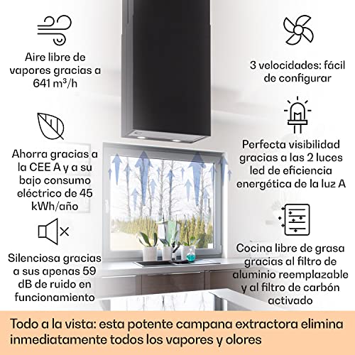 Klarstein-Structura-Campana-extractora-en-isla-Clase-A-Extraccion-Ventilacion-3-potencias-Caudal-641-mh-41-x-355-cm-LED-Apto-para-filtro-de-carbon-activo-Acero-inoxidable-Negro Klarstein-Structura-Campana-extractora-en-isla-Clase-A-Extraccion-Ventilacion-3-potencias-Caudal-641-mh-41-x-355-cm-LED-Apto-para-filtro-de-carbon-activo-Acero-inoxidable-Negro