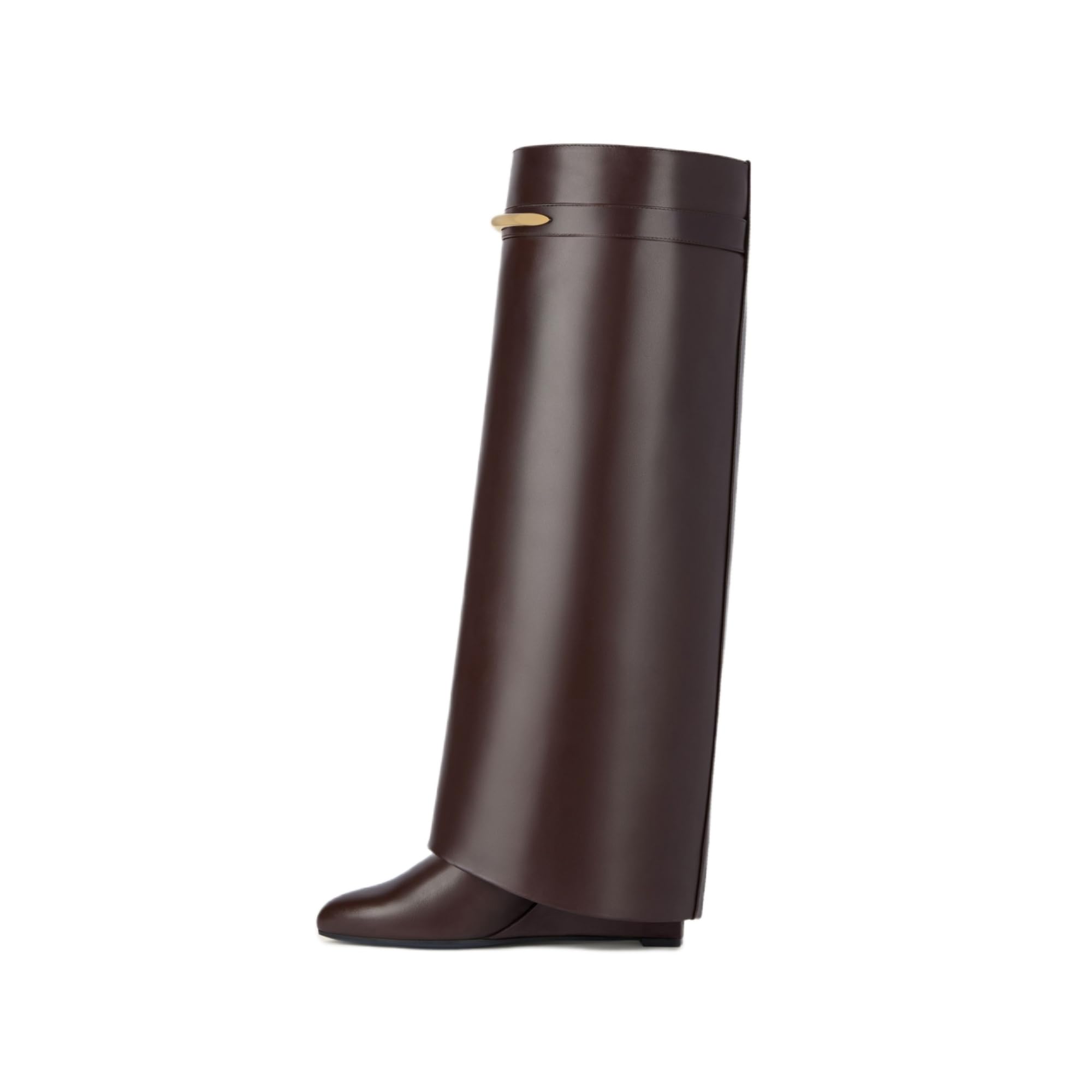 Womens Shark Boots Knee High Wedge Boots for Women with Fold-Over Long Shaft Pull-on Wide Calf Fashion Leather