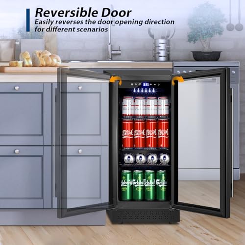 Image of Tylza 15 Inch Beverage Refrigerator, Under Counter /Freestanding Drink Fridge, 130 Cans Beverage Cooler with Glass Door, Reversible Door, Low Noise, Quick Cooling - for Beer, Soda, ETC, Black