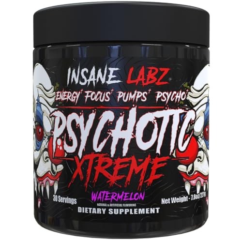 Insane Labz Psychotic Xtreme High Stimulant Pre Workout Powder Extreme Lasting Energy Focus and Endurance with Beta Alanine Panax Ginseng Theobromine DMAE (30 Servings Watermelon)
