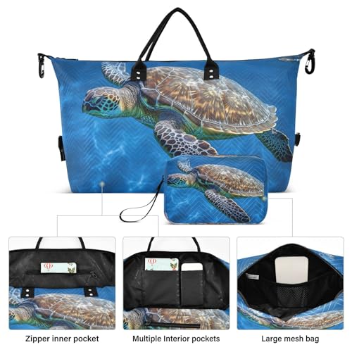Large Travel Duffel Bag, Retro Sea Turtle Blue Sport Tote Gym Bag, Shoulder Weekender Overnight Bag for Women Men, Carry On Luggage with Toiletry Bag2