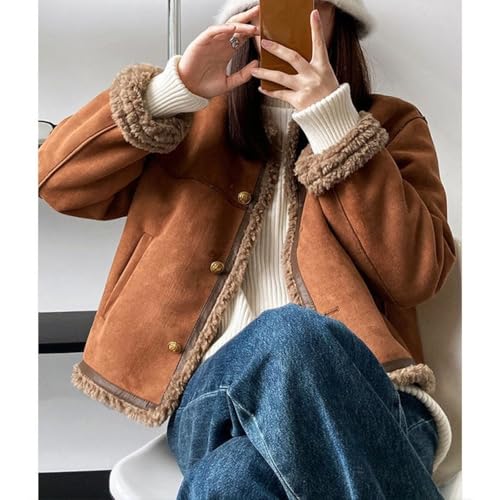Women's Faux Suede Sherpa Jacket Elegant Round Neck Button Up Jacket Fuzzy Thick Warm Short Coat4