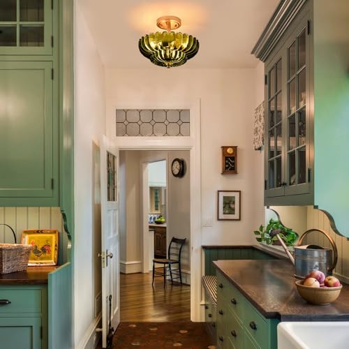 Image of Modern Green Glass Scalloped 3-Light Flush Mount Ceiling Light Gold Base | Vintage Ceiling Lights, Close to Ceiling Light, Semi Flush Mount Ceiling Light for Hallway Bedroom Entryway Kitchen