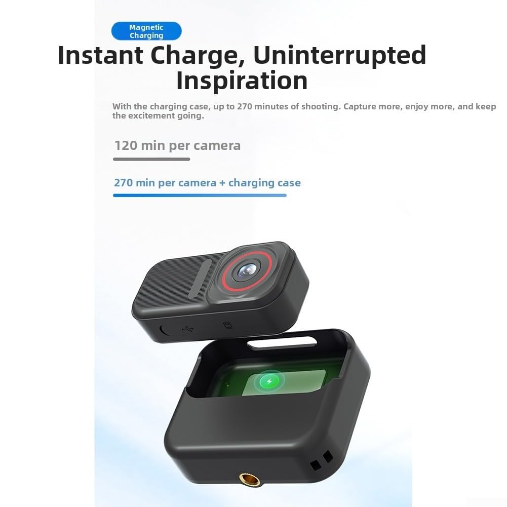 Fotocamera compatta in ABS con custodia magnetica | Video 4K per l'acquisizione, obiettivo grandangolare, stabilizzazione EIS, connettività WiFi, per il controllo app smartphone