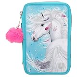 Depesche 10819 Miss Melody - Gefüllte 3-fach Federtasche mit LED und traumhaftem Pferde-Motiv, türkise Federmappe ca. 7,5 x 13 x 20 cm groß, mit Filz- und Buntstiften, Lineal, Schere, Kleber, uvm.