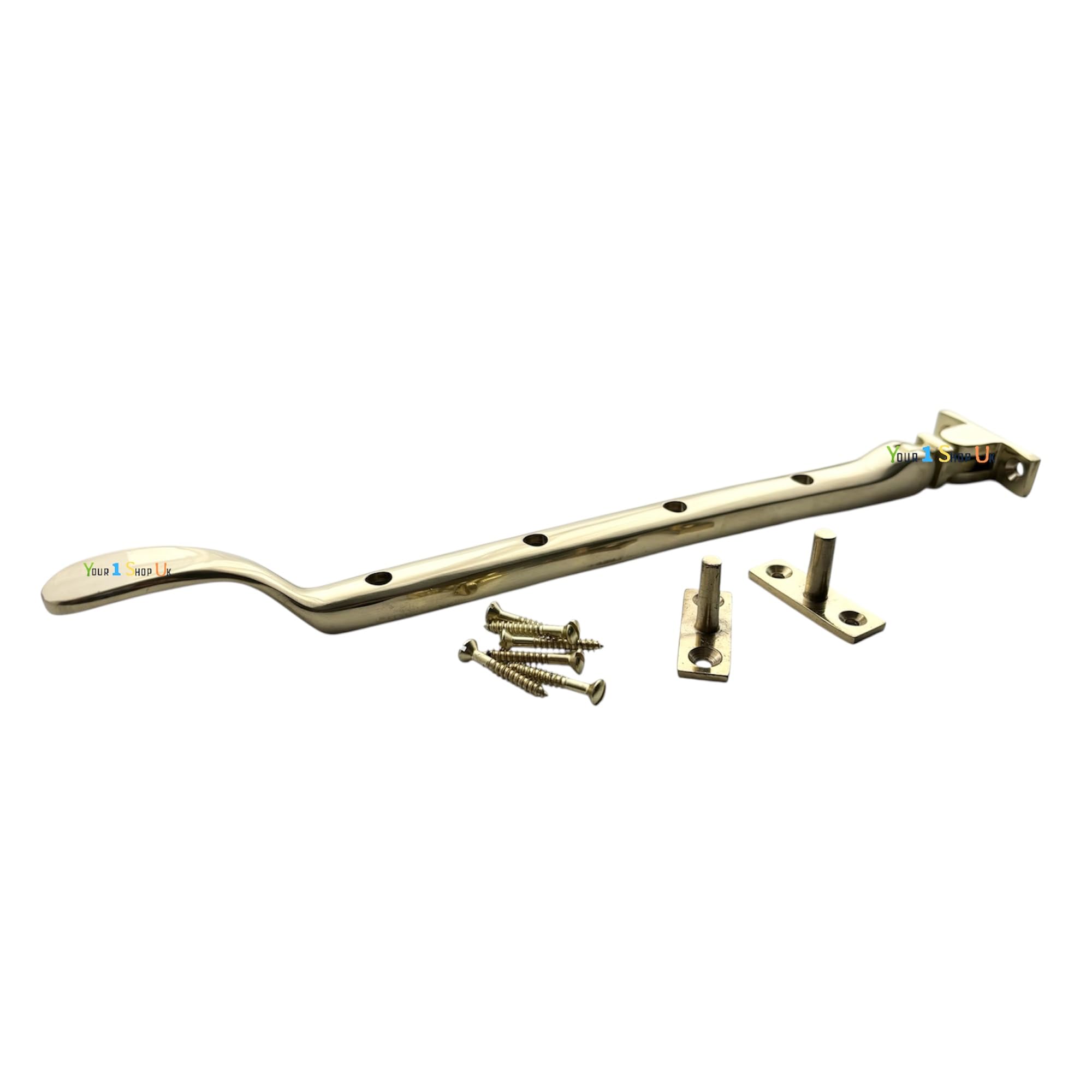 Brass Plated Casement Stay, 250mm, Polished Brass Finish, 2 Pin, Universal Non-Handed Fitment, for Timber Windows, with Fixings Included
