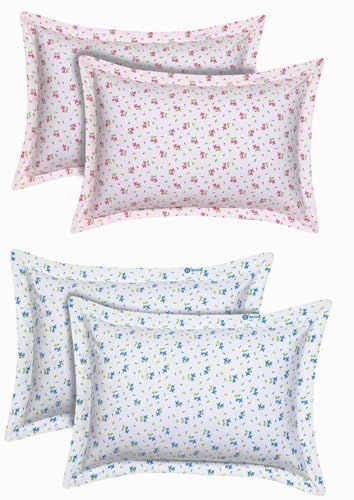 Image of HOUSE FOX Zipper Cotton Pillow Covers /Cases /Protectors (NOT Pillow) Set of 2 Pair Or 4 Pcs,Size -18x28inch with Zip /Chain (Standard, Pink Blue Flower)