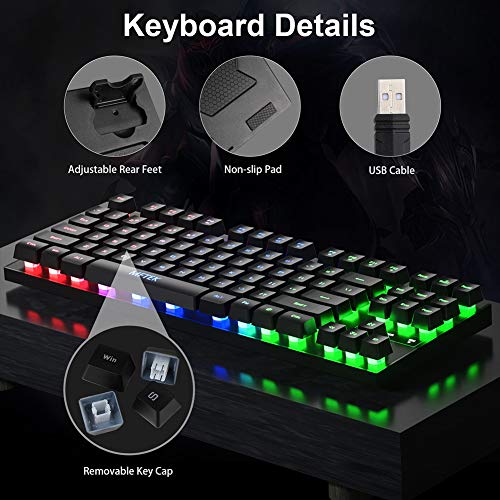MFTEK RGB Rainbow Gaming Keyboard and Mouse Combo, Compact 87 Keys Backlit Computer Keyboard with Gaming Mouse, USB Wired Set for PC Gamer Laptop Work