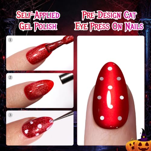 Image of Beetles Red Press On Nails Short Almond, Halloween Cat Eye Polka Dot | 32 PCS 16 Sizes False Nails, Glue & Adhesive Tabs Included, Salon-style Manicure in 10 Minutes, All-in-One Complete Kit