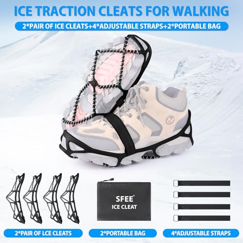 Sfee 2 Pairs Ice Cleats Ice Grippers for Shoes and Boots, Crampons Traction Cleats for Walking on Snow and Ice Anti-Slip Flexible Footwear Snow Grips for Walking Climbing Hiking Jogging with 4 Straps - Thumbnail 2