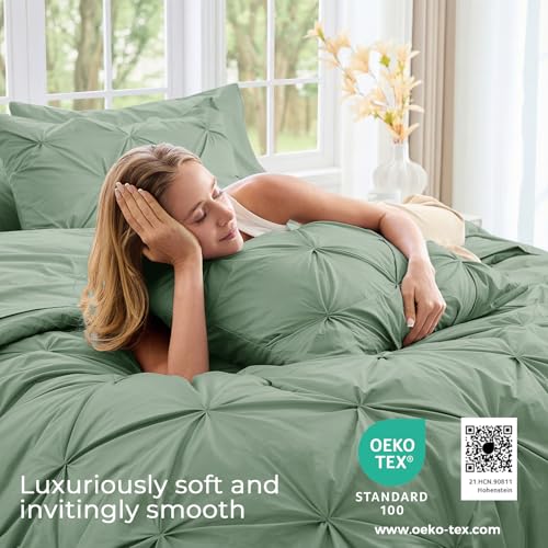 Image of Sasttie Queen Comforter Set, 7-Piece Bed in a Bag, Pintuck Bedding Sets for All Season, Includes Comforter, Flat Sheet, Fitted Sheet, Pillowcases and Pillowshams, Sage Green