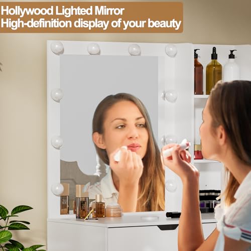 Puselo Dressing Table with Mirror and Lights,White Vanity Desk with Mirror and 4 Drawers, 10 LED Lights,3 Light Colours Adjustable Brightness,Modern Vanity for Women Girl Bedroom - Cosy Home Interiors Puselo Dressing Table with Mirror and Lights,White Vanity Desk with Mirror and 4 Drawers, 10 LED Lights,3 Light Colours Adjustable Brightness,Modern Vanity for Women Girl Bedroom - Image 5